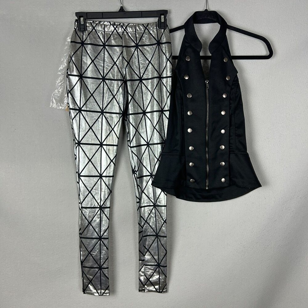 Balera Dance Set Adult Small Silver Geometric Leggings Black Zip Vest Metallic